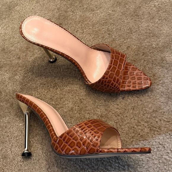 croc embossed high heel pointed open toe mule - Picture 3 of 3